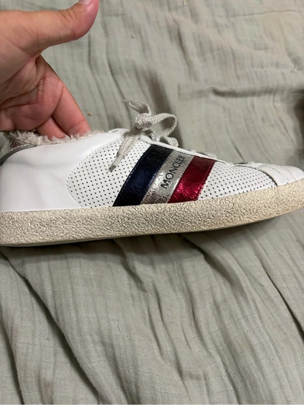 Moncler Ryegrass White Leather Sneaker with Red, Silver & Blue Metallic Stripes
